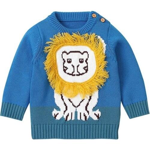 Autumn Infant Toddler Wear Warm O-Neck Long-Sleeves Pullover Sweater with Cute Cartoon Lion Pattern for Little Boy