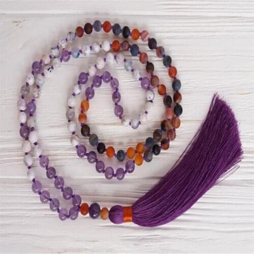 6mm Amethyst colored Agate Gemstone 108 Beads Mala Necklace Wristband Veins Unisex Bless Chakra MONK yoga cuff