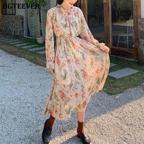 BGTEEVER Vintage Floral Print Women Chiffon Dress Full Sleeve Lace-up Female Dress Slim Waist Midi Vestidos 2020 Spring Summer