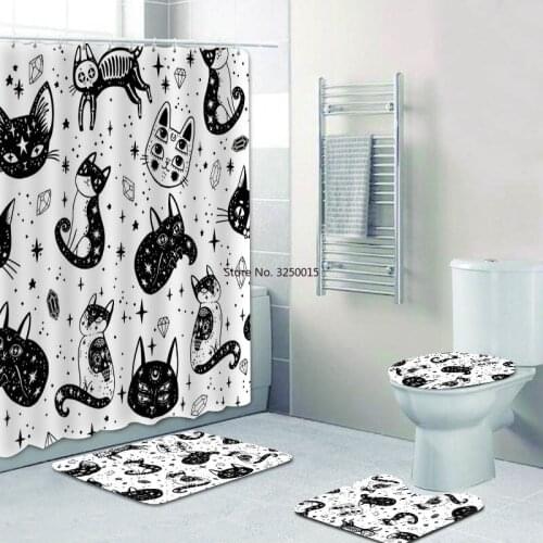 Gift Gothic Witchs Cat Halloween Shower Curtain Set for Bathroom Decor Cartoon Black Cat Drawing Printed Bath Curtain Mats Rugs