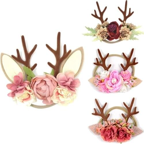Christmas Antler Baby Girl Headbands Accessories Xmas Party Deer Ear Flower Crown Hair Band Newborn Photography Props Headwraps