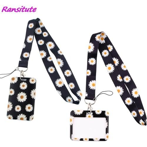 Ransitute R1975 Daisy Black Neck Strap Lanyard For Key Card Horizontal Direction ID Badge Holder Key Chain Key Holder Hang Rope