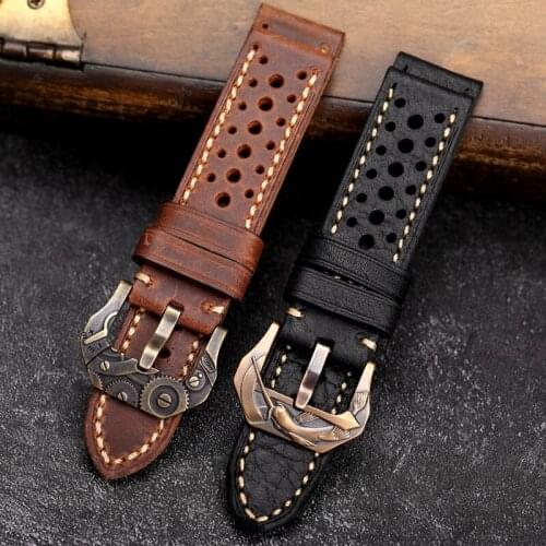 Handmade Bronze Watch Strap 20 22 24 26MM Black Brown Breathable Italian First Layer Cowhide Watchband Bronze Buckle
