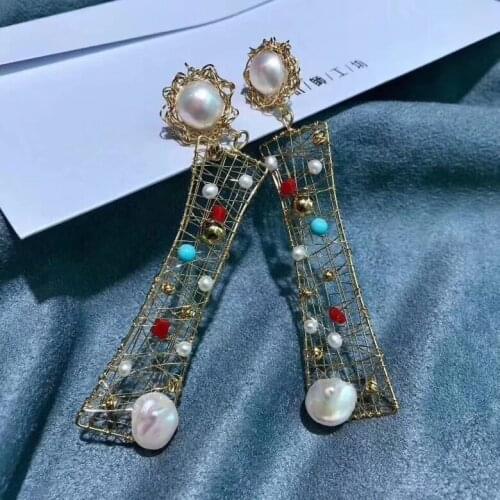 Handmade Retro style Drop-Earrings with Fresh-water Pearls,Elegant geometric shape women earrings for wedding party Jewelry
