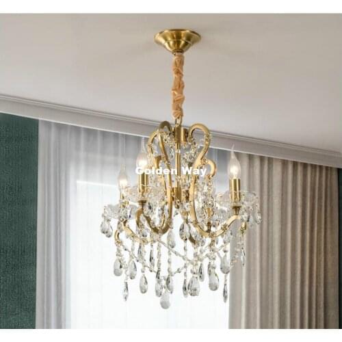 Modern Crystal Copper Pendant Lamp D44cm H46cm 4arms Vintage Restaurant Bar Cafe Crystal Lamp Creative Living Room Pendant Light