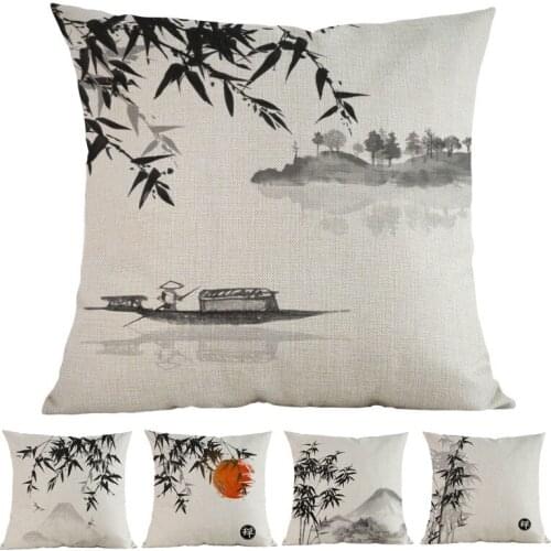 Ink And Wash Painting Style Bamboo Landscape Scenery Chinese Style Chinoiserie Sofa Decoration Cushion Cover Throw Pillow Case