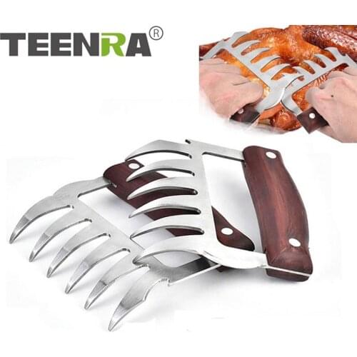 TEENRA 2Pcs Stainless Steel Bear Claw Wooden Handle Meat Divided Tearing Flesh Multifunction Meat Shred Pork Clamp BBQ Tool27.35