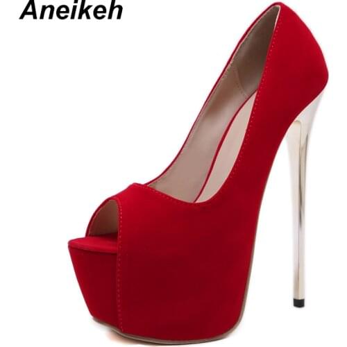 Aneikeh 2021 Spring Red Sexy Platforms Pumps Shoes Woman Fetish Thin High Heel Peep Toe Stripper Slip-On Party Wedding Shoes 42