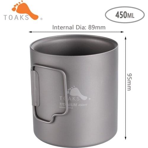 TOAKS Pure Titanium Cup Ultralight Outdoor Mug without Lid and Foldable Handle Camping Tableware 375ml 450ml