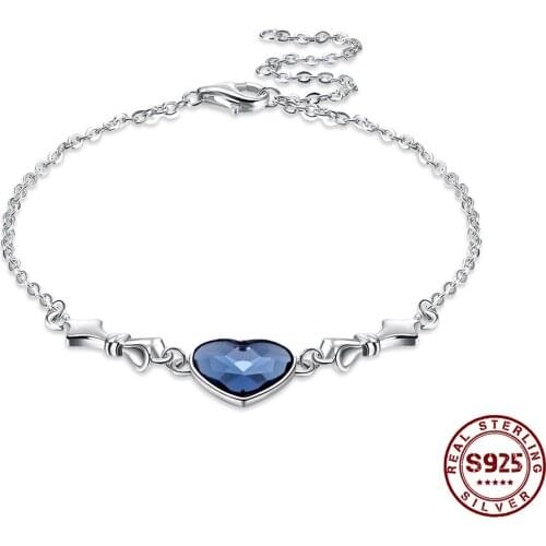 ZEMIOR 925 Sterling Silver Adjustable Link Bracelets For Women Blue Love Shape Austria Crystal Bracelet Party Fine Jewelry