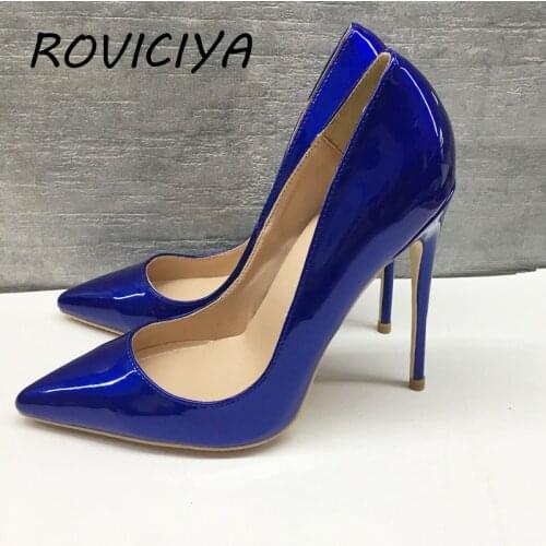 Blue pumps ladies high heels women shoes patent leather PU 10cm 12cm high female wedding party club shoes QP020 ROVICIYA