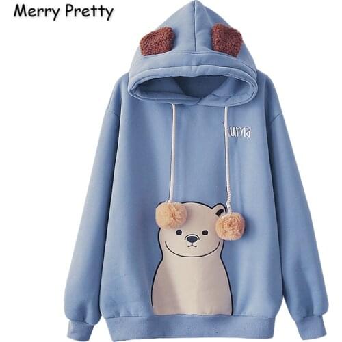 Merry Pretty Women’s Hooded Sweatshirts Harajuku Cartoon Embroidered Bear Hoodies Fleece Sweatshirt With Ears On Hood Pullovers