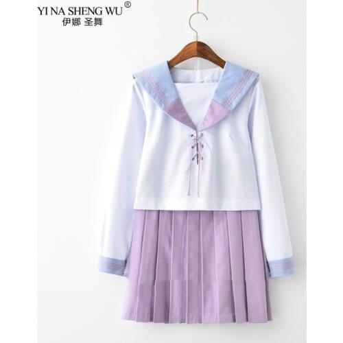 Light Purple Japanese School Uniforms Anime COS Sailor Suit Style Students Clothing for Girls Long Short Sleeve Women 2pcs Set