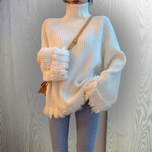 2021 Women Super Turtleneck Hem Fringed Solid Sweater Female High Fashion Soft Pullovers With Sleeve Tassel