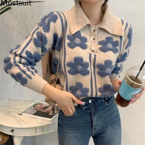Stereoscopic Flower Knitted Sweater Pullover Women 2021 Spring Turn-down Collar Buttons Korean Elegant Ladies Fashion Jumper Top