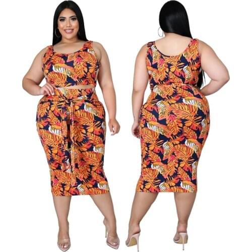 ZKYZWX Leaf Print Two Piece Set Plus Size Outfits Vest Crop Top Bandage Midi Dress Sexy Summer Women Clothes Club Matching Sets