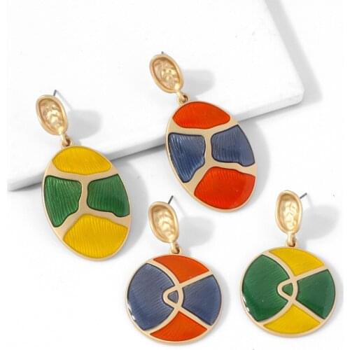 2019 retro round alloy drop oil contrast color mosaic Europe and America earrings geometric pendant fashion earrings