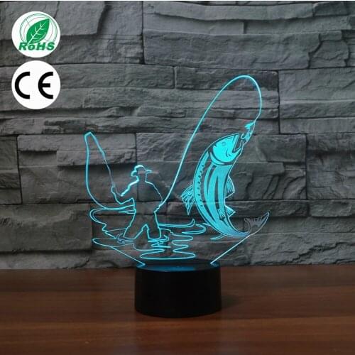 3D LED Night Light Fishing Man Big Fish with 7 Colors Light for Home Decoration Lamp Amazing Visualization Optical Illusion Lamp