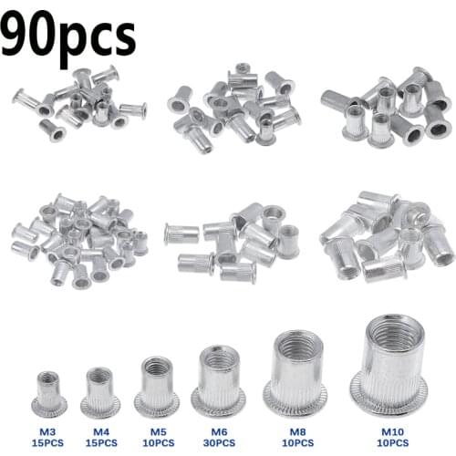 90Pcs M3 M4 M5 M6 M8 M10 Rivet Nut Aluminum Flat Head Rivet Nuts Set Insert Reveting Multi Size Rivet Nuts Tool