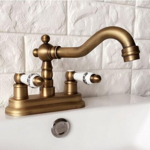 Antique Brass Deck Mount 4" Kitchen Faucet Vessel Sink Mixer Tap 2 Holes Bathroom Basin Faucet tan064