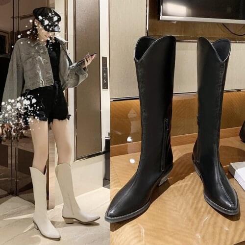 Womens White High Boots, Vintage Block Heel Riding Boots, Fashion British Style Western Cowboy Boots (Height 4cm 1.57inches, Po