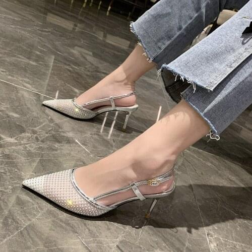 Summer Sandals Stiletto Fashion Rhinestone Shallow Mouth Pointy Toe 7CM Thin Heels Breathable Strap Sexy Dress Pumps Women Shoes
