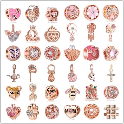 New Mom Love Heart Crystal Flower Pendant Beads Fit Original Pandora Charms Rose Gold Color Bracelet Women Jewelry Making Gift