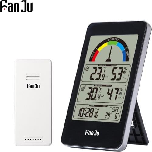 FanJu Thermometer Hygrometer Digital Alarm Electronic Clock Comfort Level Wall Table Watch Wireless Outdoor Sensor Tools