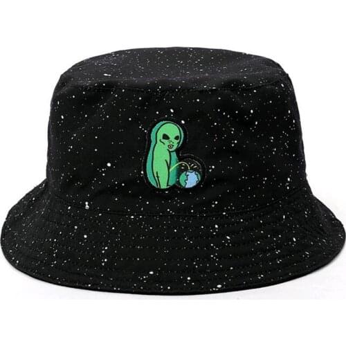 Double-Side Funny Hat Alien Bucket Hat Bob Cap Mens Fashion Cotton Bucket Hat Sunscreen Embroidery Bucket Hats Hip Hop Hat