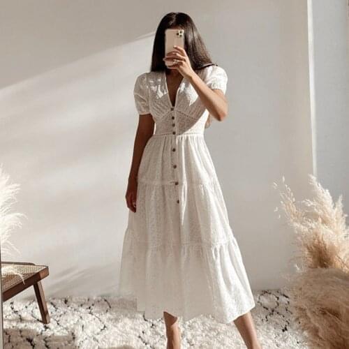 Ardm Elegant V Neck single Breasted Embroidery платья летние лёгкие 2021 High Waist Lace Short Sleeve A-Line Maxi Dress Vestidos