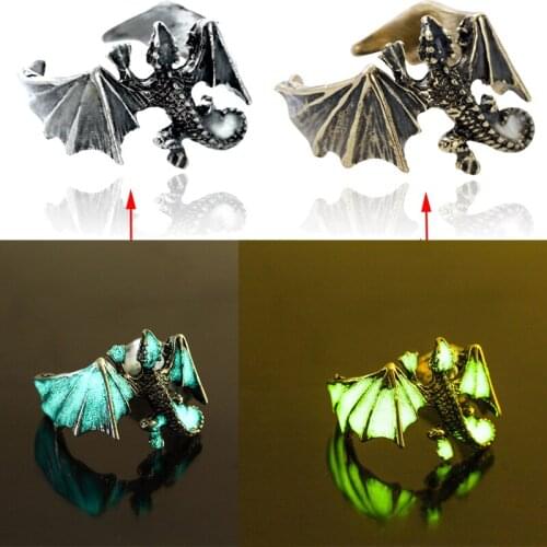 Gothic Noctilucent Dragon Rings Vintage Animal Pterosaur Openning Ring for Men Luminous Glow In the Dark Halloween Punk Jewelry