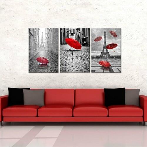 Red Umbrellas Flying on the Rain Wall Decor Paris Tower 3 Panels Canvas Prints Wall Art Home Decor Black and White Landscape