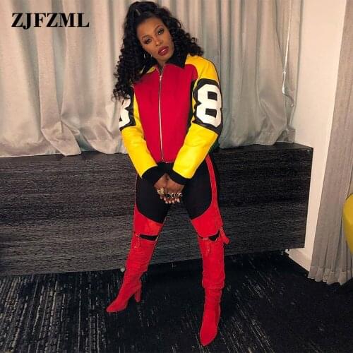 Contrast Color Patchwork Women Coats & Jackets Active Wear Turn Down Collar Long Sleeve Outwear Hip Hop Casual Zipper Up Jacket