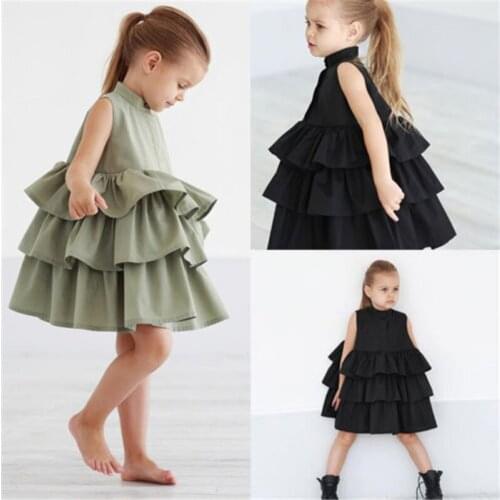 Summer Girls Dresses Solid Ball Gown Kid Girl Party Dress Sleeveless O-Neck Cake Ruffled Tutu Bubble Holiday Dress Sundress