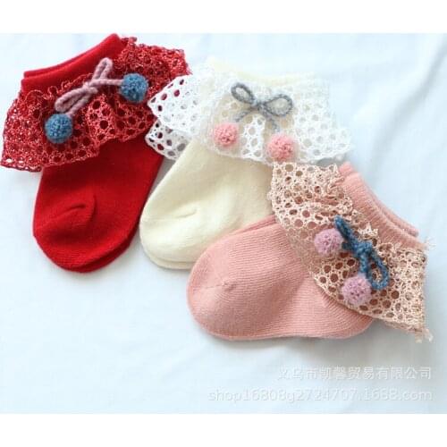 Cute Pink Baby Socks Ruffle Lace Bow Pom Pom Socks Spring Autumn Princess Socks for Infant Newborn Baby Toddler Kids Socks Girls