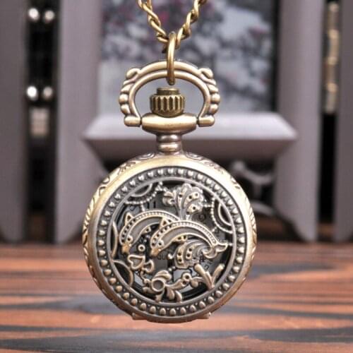 Small bronze hollow dolphins pocket watch Retro double dolphins animal pocket watch