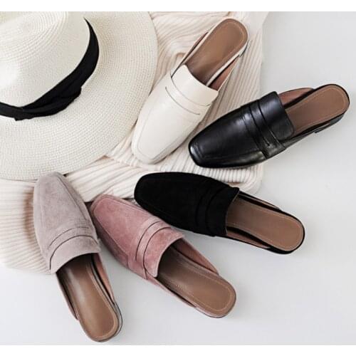Summer New Fashion Slippers Women Leather Square Toe Mid-heel Comfortable Half-drag Muller Shoes Simple Versatile Sandals Women