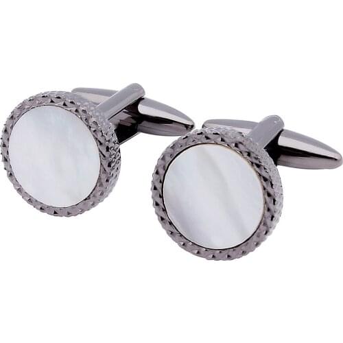 Mother of Pearl Cufflinks for Men Wedding Dress Trendy Gun Metal Plated Round Cuff links 2 Button Best Gift for Husband