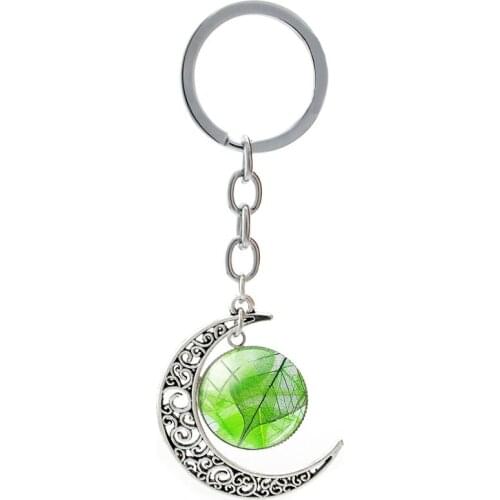 Colorful Tree Leave Pattern Moon Charm Keyrings Leaf Texture Trendy Glass Dome Key Holder Girls Summer Party Jewelry