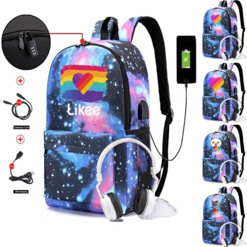 Hot App Likee Backpack USB Charge Rucksack Boys Girls School Bags Large Capacity Men and Women Travel Laptop Anti-theft Bag