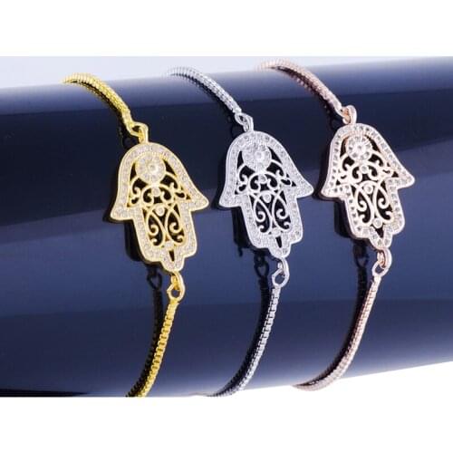Lovely Zircon Crystal Fatima Hand Hamsa Charms Bracelets Bijoux Copper Micro Pave CZ Square Chain Friendship Bracelets Diy Gifts