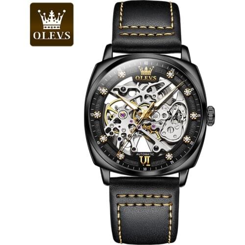 OLEVS Luxury Brand Automatic Mechanical Mens Watches Fashion Leather Strap Skeleton Wristwatch Innovative Sports Clock Relogios