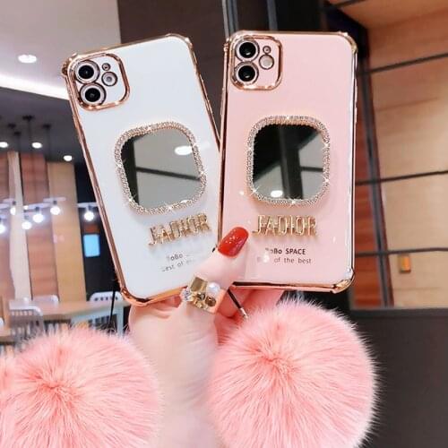 Luxury Bling Makeup Mirror Red Silicone Soft Phone Case for iPhone 12 Phone Case with Hairbal