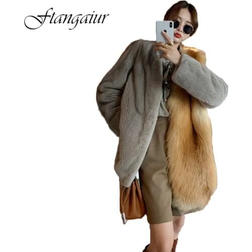 Ftangaiur 2021 Winter Imported Velvet Mink Fur Coat V-Neck Patchwork Fox Fur Coat Women Medium Natural Real Mink Fur Coats