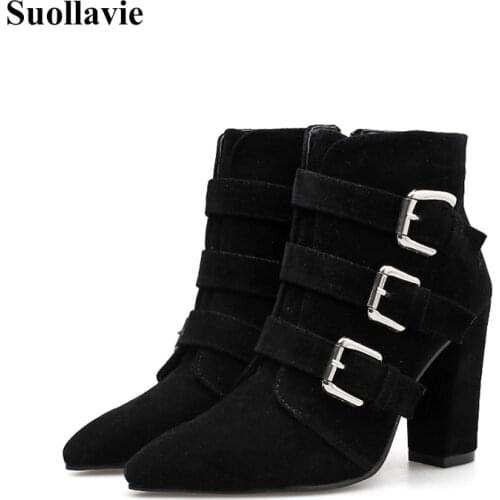 Suollavie Winter Autumn Women Belt Buckle Shoes Ankle Cow Suede Boots Stylish Retro Zip Pointed Toe Leather Martin High Heels