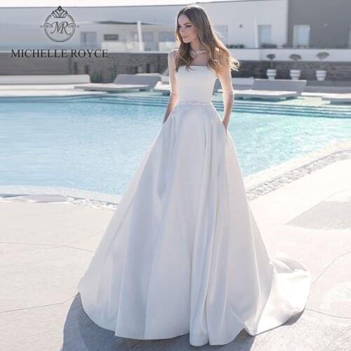 Michelle Royce A-Ling Wedding Dresses 2020 O-Neck Three Quarter Sleeve Illusion Chapel Train Wedding Gowns Vestido De Noiva