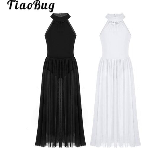 TiaoBug Kids Teens Sleeveless Stage Contemporary Lyrical Dance Costumes Child Ballet Leotard Girls Solid Color Maxi Dance Dress