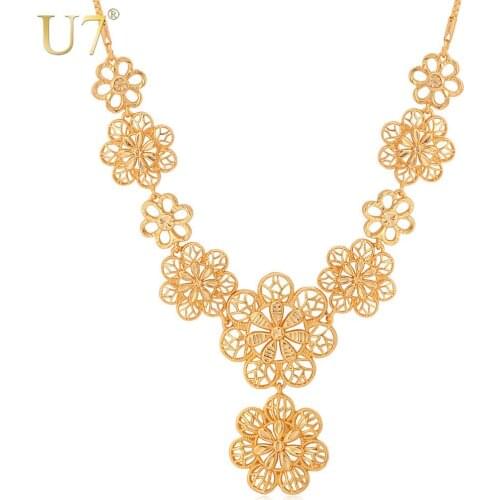 U7 Gold Color Resizable Link Chain Romantic Big Flower Jewelry Wholesale Charm Pendant Necklaces For Women N375