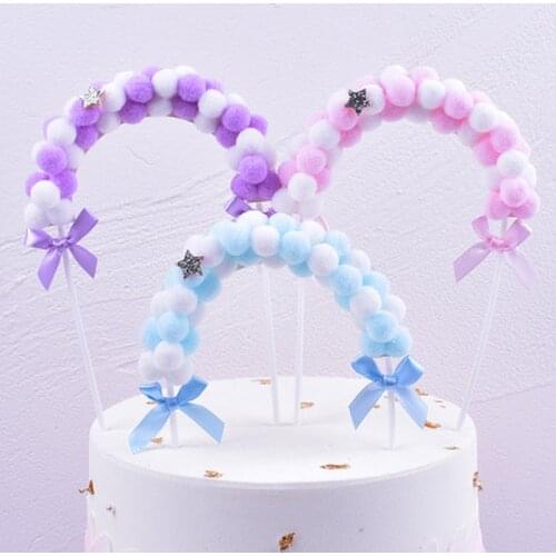 1PC Rainbow Pink Blue Pompom Cloud Cake Topper Happy Birthday Party Wedding Baby Shower Decoration Cake Flags Party Supplies