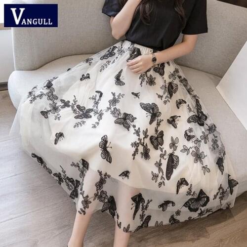 Vangull Butterfly Embroidery Lace Skirt Women Summer Elastic High Waist Mesh Skirt Lolita Style A-Line Party Mid- calf Skirts